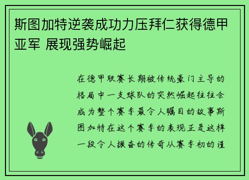 斯图加特逆袭成功力压拜仁获得德甲亚军 展现强势崛起