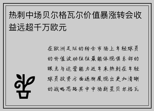 热刺中场贝尔格瓦尔价值暴涨转会收益远超千万欧元