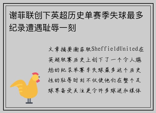 谢菲联创下英超历史单赛季失球最多纪录遭遇耻辱一刻